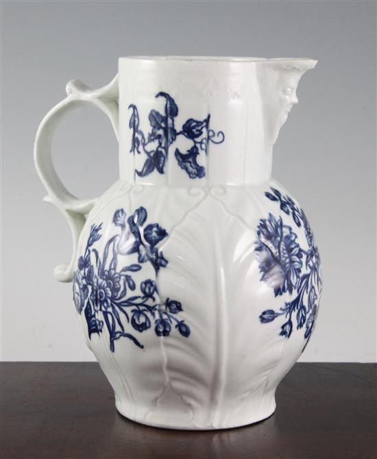 A Worcester Natural Sprays Group pattern blue and white mask jug, c.1765-70, 20.5cm